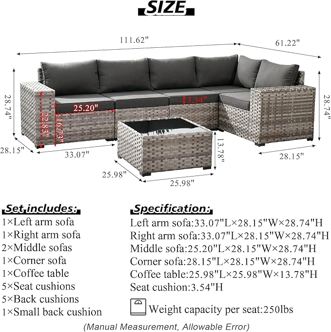 HOOOWOOO Modular Patio Outdoor Sectional Furniture Set,6 Piece Wicker Conversation Sofa Set,Out Door Couch Set with Wide Arm for Outside All Weather(Denim Blue)