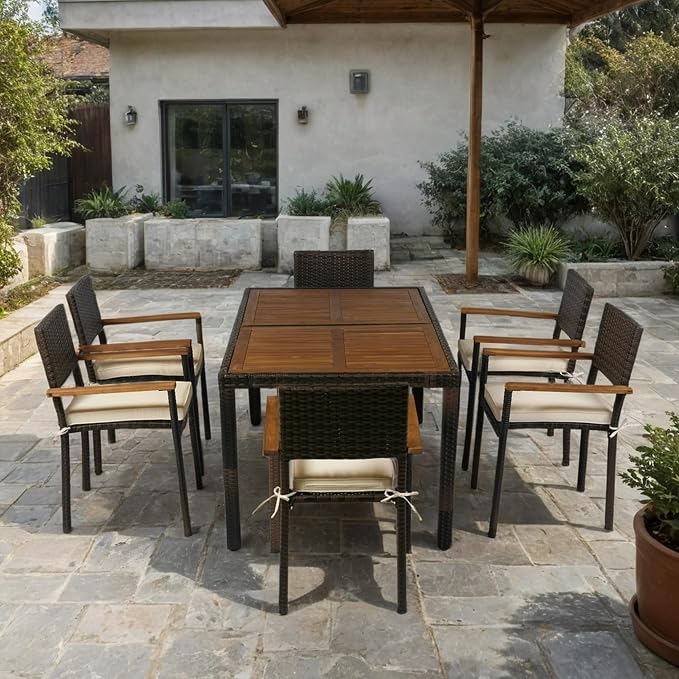 7 Piece Outdoor Patio Dining Set Wicker Furniture Set with Acacia Wood Top Brown Rattan and Cream Cushions 6 Seater Garden Dining Set for Backyard Deck