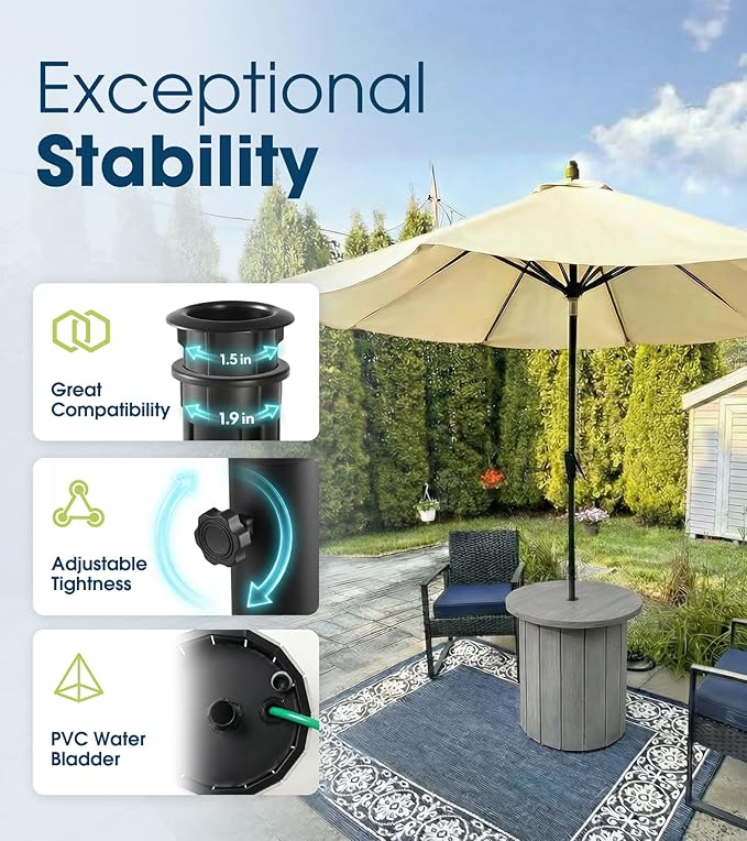 wikiwiki 2-in-1 70Lbs Patio Umbrella Base & Outdoor Side Table with Hole, HDPE Woodgrain Small Outdoor Table Fits 1.5-1.9in Pole for Patio, Deck, Poolside & Garden Use, Gray
