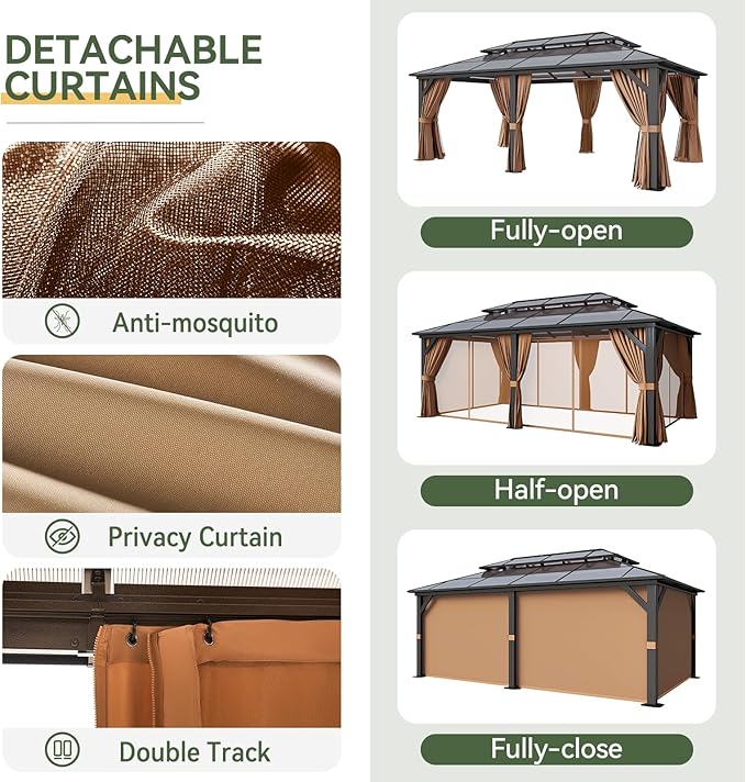 Aoxun 12'x20' Hardtop Gazebo, Outdoor Metal Gazebo with Double Polycarbonate Roof Canopy, Permanent Pavilion with Netting and Curtains for Lawn, Garden, Patio (Khaki)
