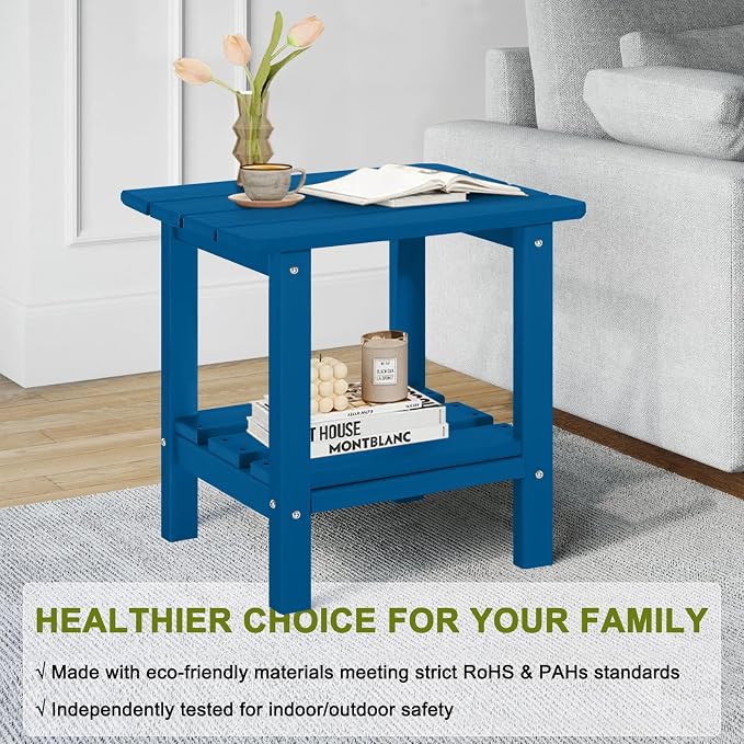 Adirondack Outdoor Side Table, 2-Tier Small Patio End Table, Weather Resistant HDPE Outdoor End Tables for Garden, Lawn, Pool, Beach, Porch, Deck, Backyard - Square, Dark Blue