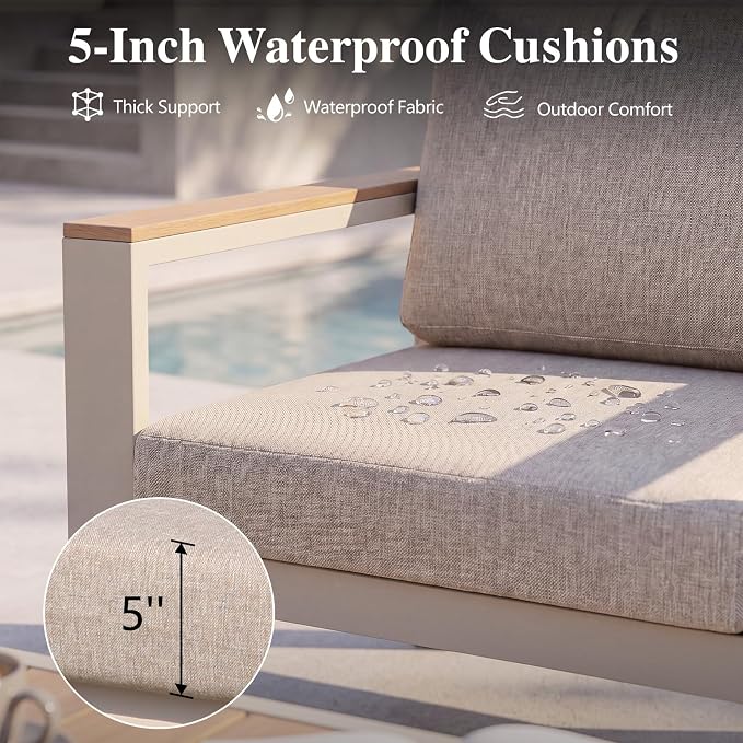 Aluminum Outdoor Patio Furniture Loveseat, All-Weather 2-Seat Patio Sofa with Rust-Resistant Frame and Water-Resistant Easy-Clean Cushions for Porch, Deck, Backyard, Beige