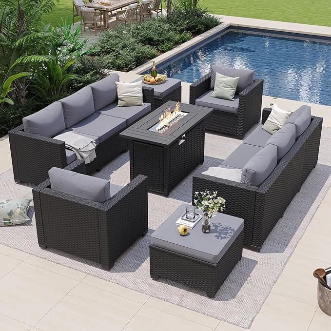Aoxun 7 Piece Patio Furniture Set with Fire Pit Table, 10 Seats Outdoor Furniture Set with Wicker Ottomans, Rattan Outdoor Sectional Sofa with Thickened Cushion & Waterproof Cover Grey