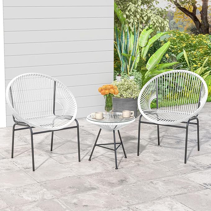 COSTWAY 3-Piece Outdoor Acapulco Chair Set, Wicker Conversation Bistro Sets with Plastic Rope, Glass Top Table, Patio Rattan Furniture Set for Garden, Balcony, Lawn, Backyard, Apartment, White
