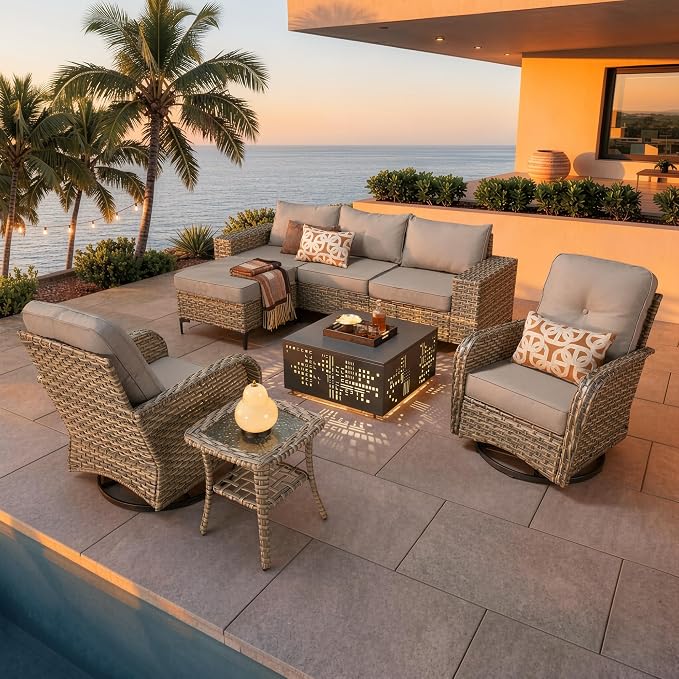 CAODOC 8-Piece Patio Furniture Set with L-Shape Sofa Chaise, Outdoor Sectional Couch Solar Table, Modern Modular Wicker Rattan Conversation Set