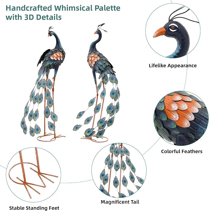 36" Peacock Decor Set of 2, Metal Yard Art Hand-Painted | Oversized Garden Statues & Sculptures for Lawn, Flower Beds, Patio, Backyard , Indoor Kitchen & Home Decor,Weatherproof