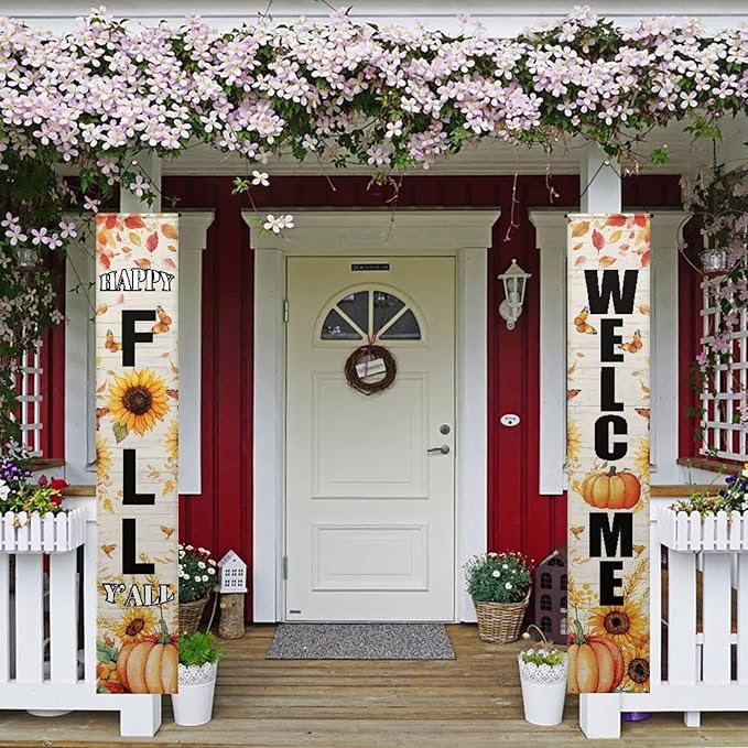 Thanksgiving Give Thanks Porch Banner Sign, Fall Pumpkin Patch Maple Leaves Front Door Decorative Hanging Welcome Banner Flag, Autumn Welcome Farmhouse Decoration Home Outdoor Yard Decor