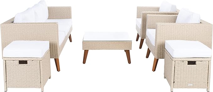 SAFAVIEH Outdoor Collection Presla Wicker Cushion 6-Piece Living Set PAT7715B-3BX, Beige/White