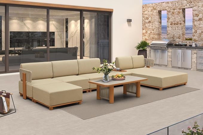 PURPLE LEAF Patio Furniture Set Modular U-Shaped Outdoor Sectional Sofa with 11" Thick Olefin Cushion 7-Piece Outdoor Conversation Set w/Daybed & Ottoman for Backyard Poolside Table Included, Beige