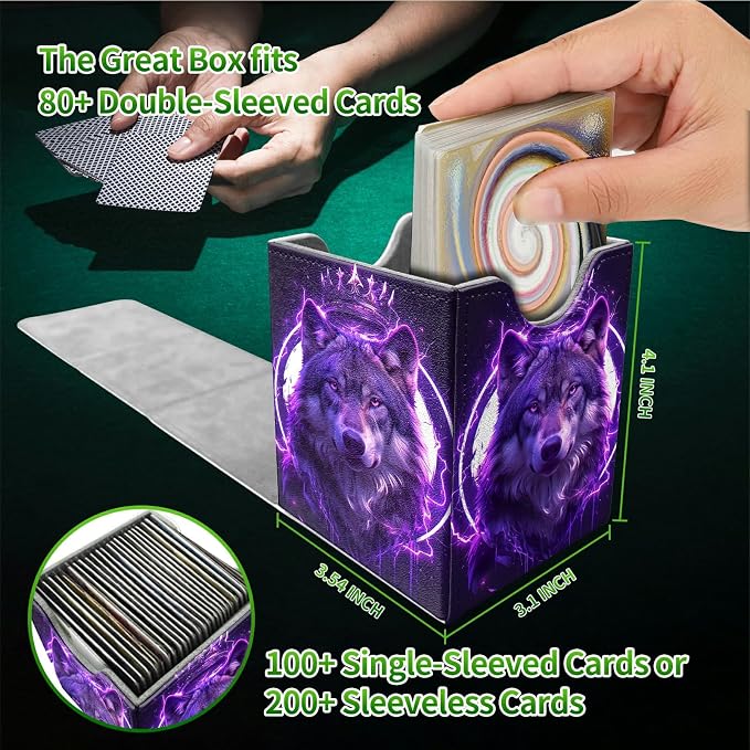 Cool Wolf Purple Card Deck Box for MTG, Personalized Card Storage Case Fits 120+ Sleeved Cards, Premium Leather TCG Box with Strong Magnetic Closure for Magic, CCG, PTCG, Baseball Cards