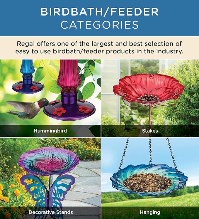 Regal Art & Gift 25" Bird Bath with Decorative Stand - Durable Glass Bowl with Heavy-Duty Metal Stand, Easy to Fill, Ideal for Patio, Porch & Garden Décor - Heron