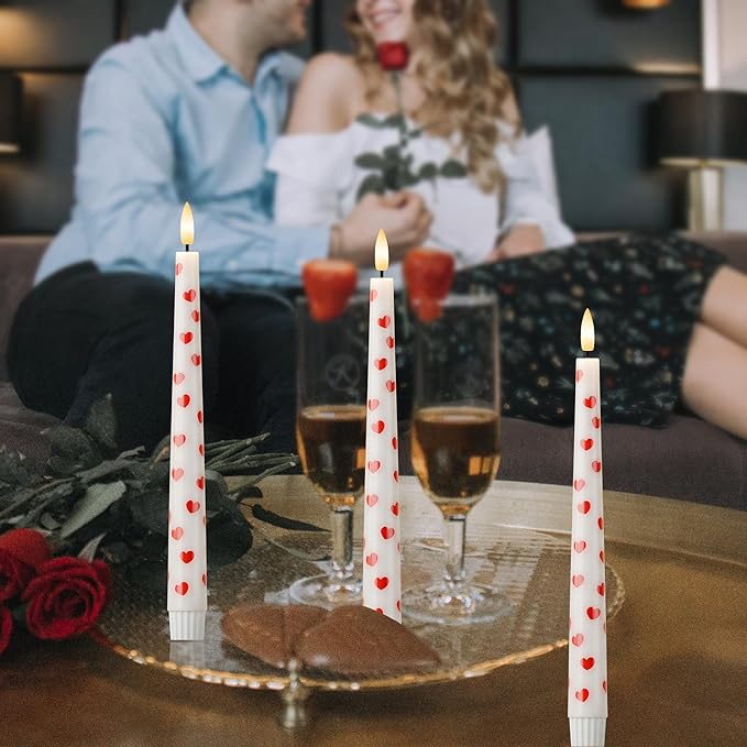 Valentine Day Flameless Taper Candles with Heart, 9.6" Real Wax LED Candles with Remote, 3 Pack Flickering Battery Operated Candlesticks for Proposal Wedding Anniversary Romantic Night