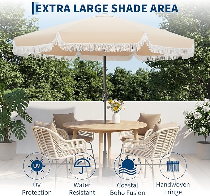 Garvee 10FT Fringe Patio Umbrella with Crank Handle, Push Button Tilt for Sun Shade, 8 Fiberglass Ribs, 1.5"D Premium Steel Pole, Outdoor Large Tassel Umbrella for Patio Beach Pool Backyard, 10' Beige