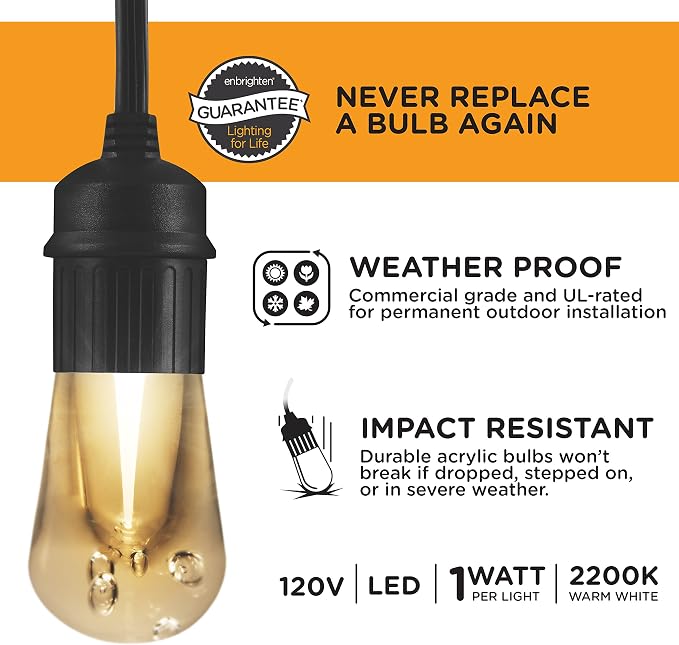 Enbrighten LED Outdoor StringLights SoftWarmWhite PatioLights with UltraDurable Shatterproof and Waterproof Acrylic Bulbs for Balcony,Backyard,Porch,Gazebo,Deck,Party and Market,35631,48ft(Pack of 2)