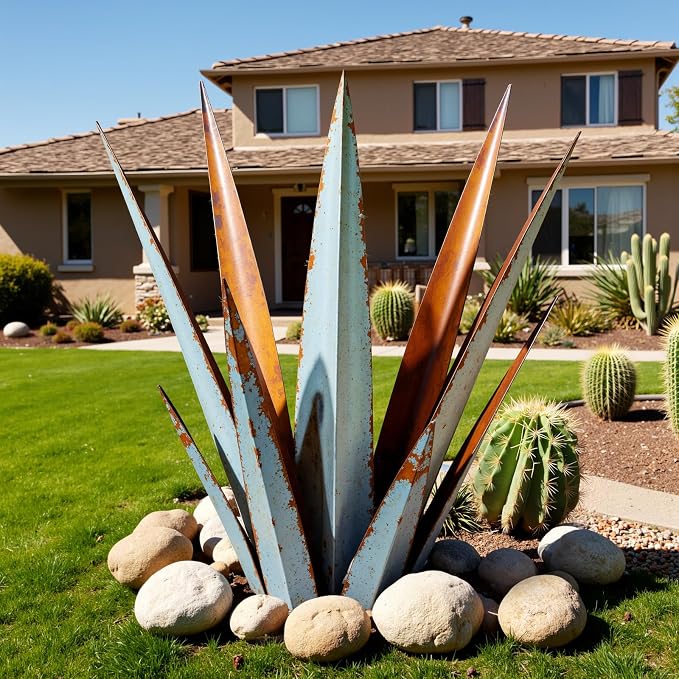 KODIBO 24” Metal Agave Plant Outdoor Decor, Large Yard Statue, Vintage Blue | Desert Steel Yard Art, Tequila Rustic Sculpture, Outdoor-Resistant Metal, Mexican Style Yard Decor, Gifts for Garden Lovers