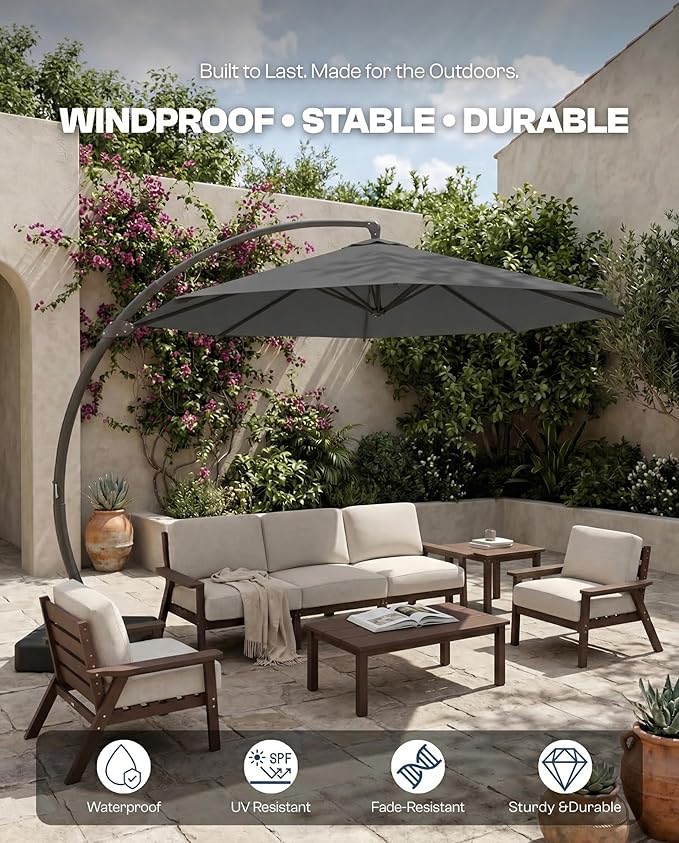 12 FT Cantilever Umbrella with Base Included, Large Round 360° Rotation Offset Umbrella Outdoor Patio, Heavy Duty Aluminum Frame, Sand-Weighted Stand, for Deck, Backyard, Pool, Garden (Grey)