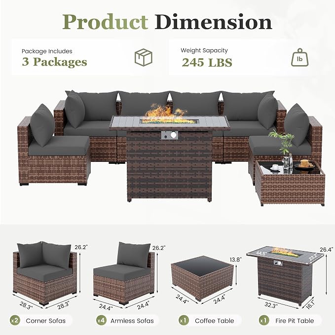 Amopatio 8 Pieces Patio Furniture Set with Fire Pit Table, Outdoor Sectional Conversation Sofa, All-Weather Wicker for Garden, Backyard, Porch, Balcony(Dark Grey)