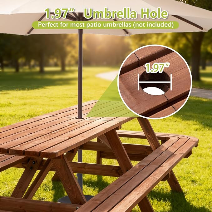 14-16 Person Rectangle Picnic Table, 95 inch Wood Picnic Table with Built-in Curved Benches, Umbrella Hole, Outside Dining Set for Patio Backyard Garden Porch, 2220lb Capacity, Brown