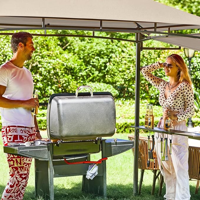 FAB BASED 5x8 Grill Gazebo with Extra Awning, All-Weather Steel Construction, Double Tiered & Resistant Canopy Roof, Metal Serving Shelves, 2 LED, Bottle Opener for Patio, Backyard, BBQ (Khaki)
