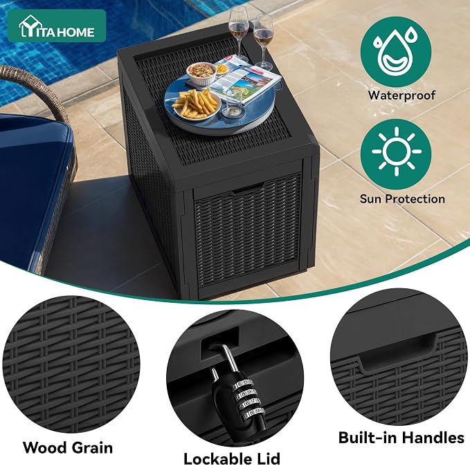 YITAHOME 32 Gallon Deck Box, Resin Storage with Lockable Lid & Side Handles, Indoor Outdoor Small Container for Patio Cushion, Garden Pool Accessories, Backyard Furniture, Water Resistant