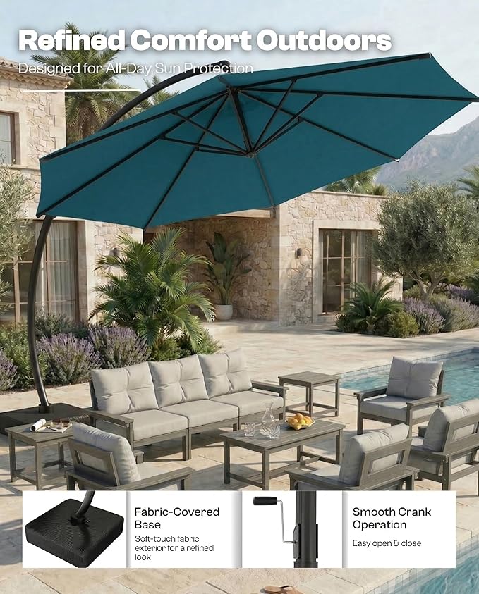 12 FT Cantilever Umbrella with Base Included, Large Round 360° Rotation Offset Umbrella Outdoor Patio, Heavy Duty Aluminum Frame, Sand-Weighted Stand, for Deck, Backyard, Pool, Garden (Lake Blue)