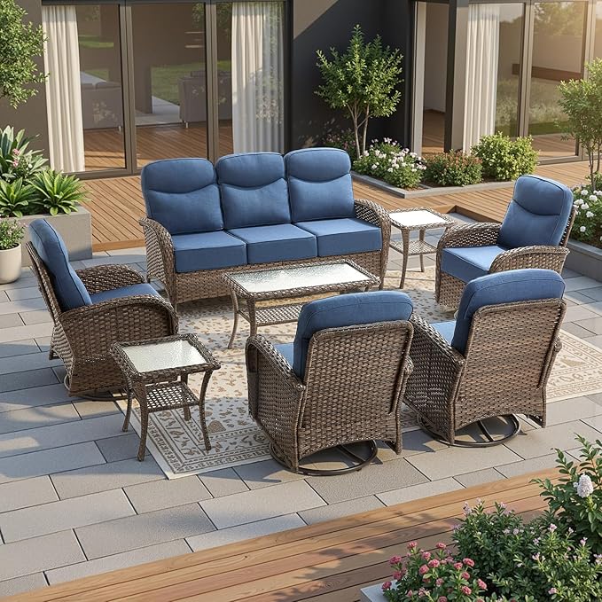 High Back Luxury Patio Furniture Set with 6-inch Thick Cushion, Swivel Rocker Patio Chairs Set of 4 with Outdoor Couch, 8 Piece Wicker Conversation Set for Deck Yard Garden Balcony Blue