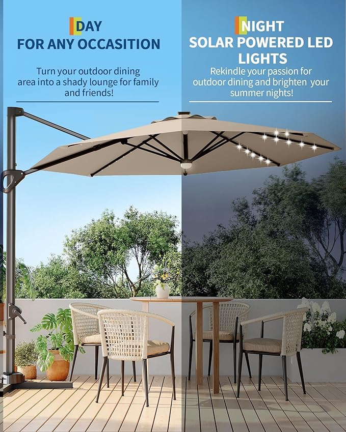 GarveeLife 10FT Patio Umbrella Outdoor Solar LED Large Cantilever Umbrella Market Sun Shade Windproof Offset Umbrella with 360-Degree Rotation for Garden Deck Pool Patio