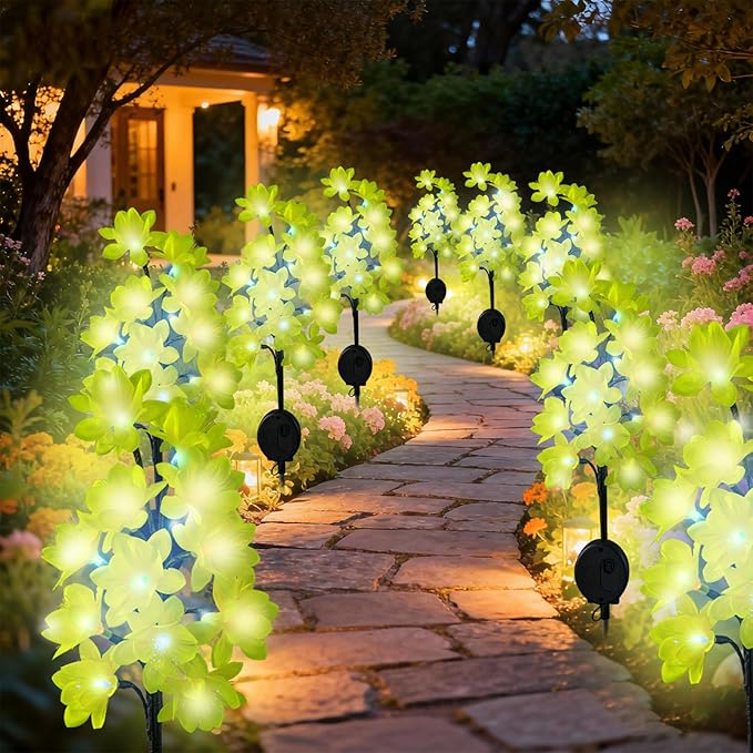 Solar Path Lights Outdoor 4 Pack, LED Camellia Flower Decor, Waterproof Auto On/Off, Bigger Solar Panel for Yard, Patio, Garden Walkway Decoration Gift for Mom (Green)
