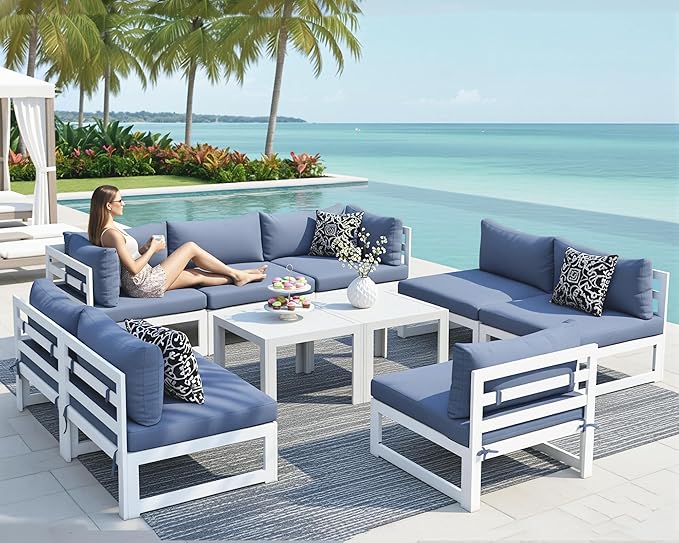 NICESOUL 10 Piece Oversized Modular Aluminum Outdoor Furniture Set with Coffee Table, 29" Deep Wide Sectional Seating, 500 lbs High Weight Capacity Patio Conversation Set for Garden Lawn, Denim Blue