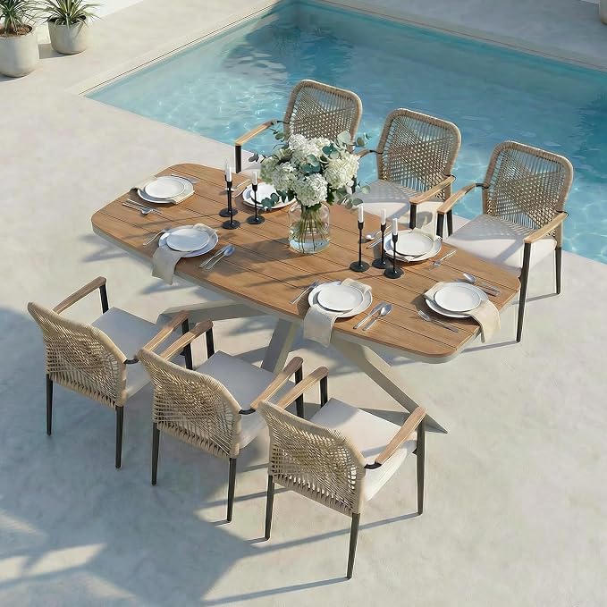 SUNSITT 7 Piece Outdoor Patio Dining Set, Patio Dining Furniture Set with 87” Aluminum Dining Table w/X Base Legs and 6 Woven Wicker Patio Chairs w/WPC Armrests for Garden, Flaxen