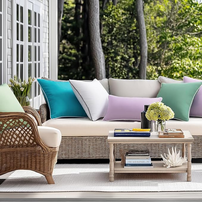 Phantoscope Pack of 2 Outdoor Waterproof Throw Pillow Covers with Contrast Piping, Decorative Square Cushion Case Patio Pillows for Couch Tent, Sage Green 20x20 inches