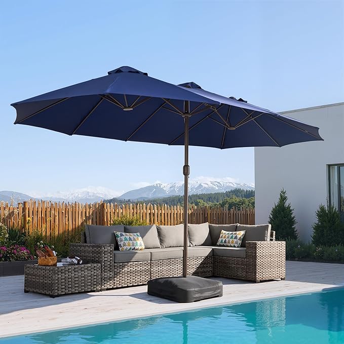 15Ft Patio Umbrella - Large Beach Umbrella W 12 Sturdy Ribs,UPF50 Outdoor Table Umbrella,Picnic Market Umbrella W Base Crank Handle for Pool,Yard,Garden
