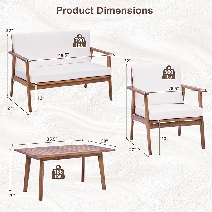 Tangkula 4 Piece Outdoor Conversation Set, Acacia Wood Sofa Set with Soft Seat & Back Cushions, Rectangle Coffee Table Patio Wood Furniture Set for Backyard, Poolside, Garden (2, Off White)