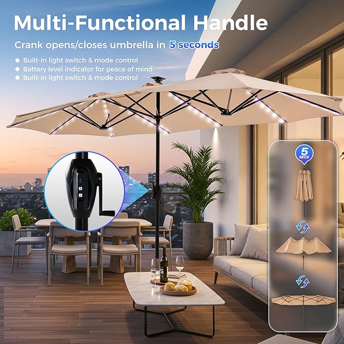 SUPERJARE 13ft Outdoor Patio Umbrella with Solar Lights, Double-sided Deck Pool Umbrella with 1.5 Inch Pole, Fade Resistant Canopy, 12 Sturdy Ribs, for Porch, Market, Backyard, Beige (No Base)