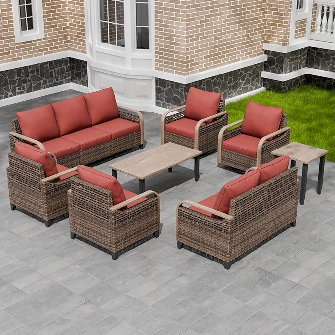 Modern Wicker Patio Furniture Set, Rattan Outdoor Conversation Set， 2 Patio Chairs, 2 Swivel Rocking Chairs, 3 Seat Couch, Loveseat, Coffee Table and Side Table, 8 Pieces, Brown/Red