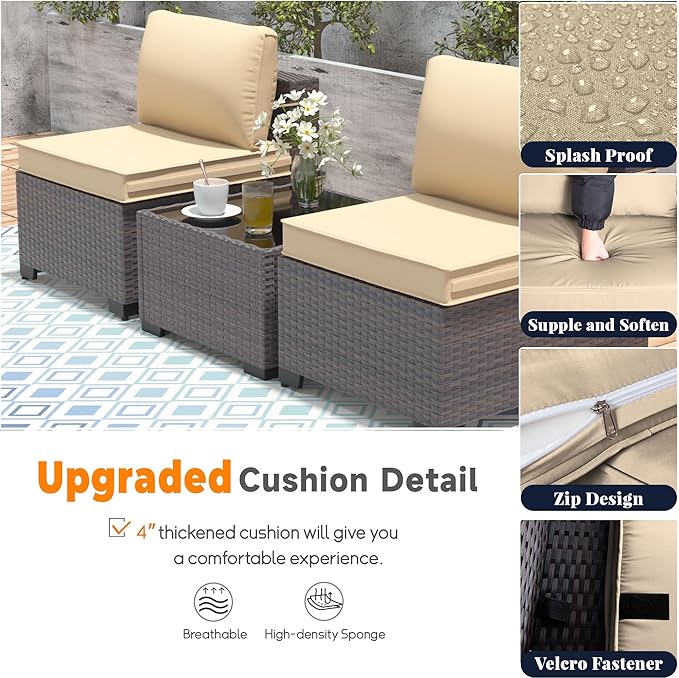 Patio Furniture Set 9 Pieces Outdoor Sectional Sofa Set,All Weather Wicker Patio Sofa PE Rattan Patio Conversation Set w/Cushions and Glass Coffee Table,Sand