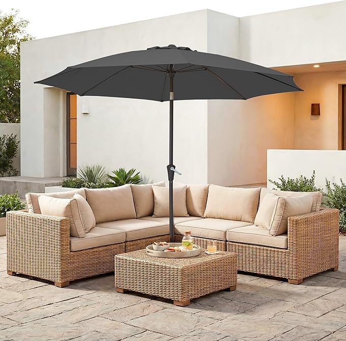 JEAREY 9FT Outdoor Patio Umbrella,Market Table Umbrella with 8 Fiberglass Ribs, Pool Umbrella with Tilt and Crank, UV Protection Lightweight & Wind-Resistant for Lawn, Garden, Deck and Backyard, Gray