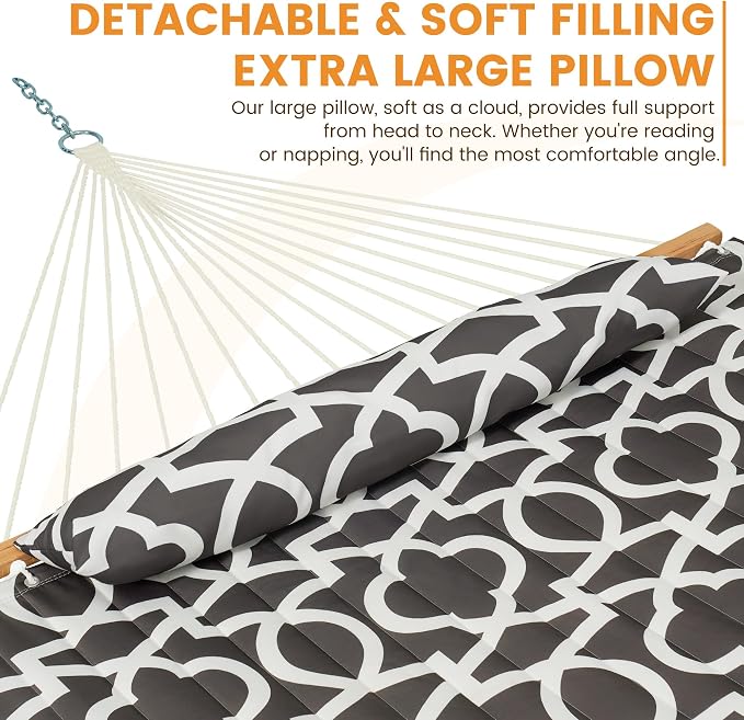 Lazy Daze Hammocks 12FT Quilted Fabric Hammock with Soft Pillow, Double 2 Person Tree Hammock with Spreader Bar for Outdoor Outside Patio Garden Yard, 450lbs Weight Capacity