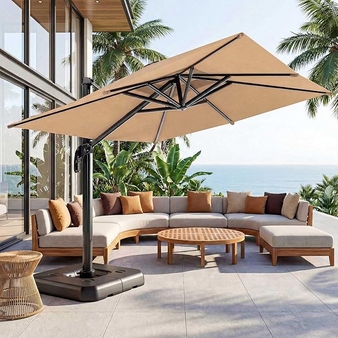 LAUSAINT HOME 9ft Square Cantilever Patio Umbrella, Outdoor Offset Hanging Umbrella with 360° Rotation & Aluminum Pole for Backyard, Pool, Lawn, Deck, Khaki