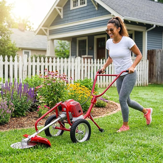 Walk-Behind Brush Cutter, 7000rpm High Speed 2-Stroke Gasoline Powered Hand-Push Lawn Mower with Handles, 49 Cc 1500w 2-in-1 Lawn Mower Machine for Soil Loosening and Mowing (Red)