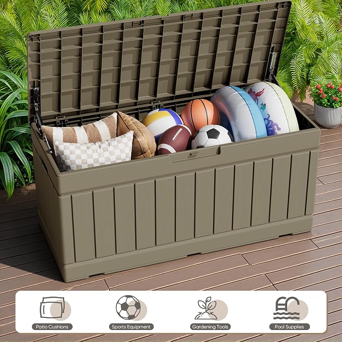 JUMMICO 78 Gallon Outdoor Deck Box Large Resin Storage Box for Patio Furniture Cushions and Garden Tools (Light Brown)