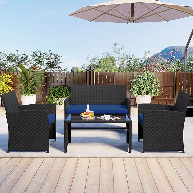 HAPPYGRILL 4 Piece Rattan Wicker Patio Conversation Set, Outdoor Furniture with Chair Loveseat Table & Cushion, for Backyard Porch Balcony (2, Black & Navy)