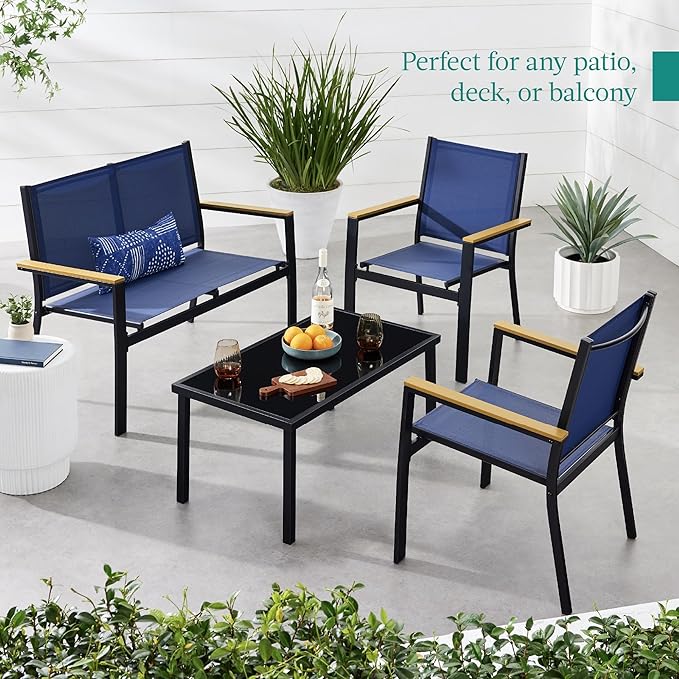 Best Choice Products 4-Piece Outdoor Textilene Patio Conversation Set, Backyard Furniture w/Loveseat, Coffee Table, Steel Frame - Black/Navy