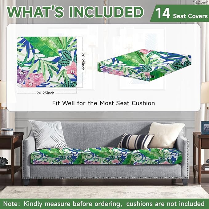 CALBODE 14 Pcs Outdoor Seat Cushion Covers, Stretch Chair Seat Cover for Patio Furniture Cushions Washable Reusable Indoor/Outdoor Couch Cover Replacement (Tropical Plant, Cover Only)