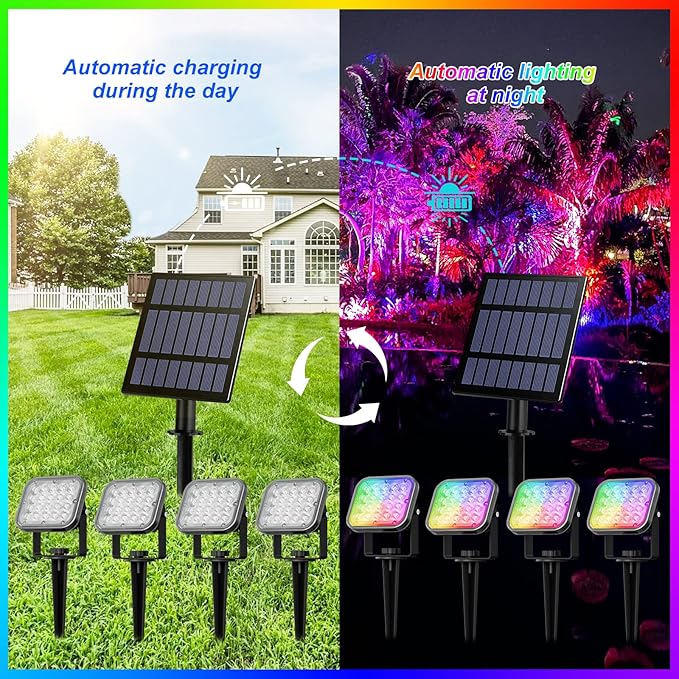 T-SUN RGB Solar Spotlights Outdoor, Christmas Decorations Color Changing Solar Lights, Adjustable Waterproof Landscape Lighting for Garden, Pond, Yard, Trees, Driveway, Pool Area