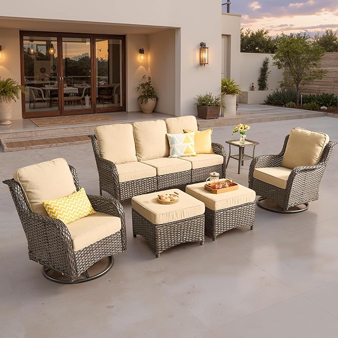 ovios 6-Piece Patio Furniture Set with Swivel Chairs Coffee Table, Outdoor Wicker Sofa with Comfy Cushions, High Back Couch Modern Conversation Sets, Brown/Beige