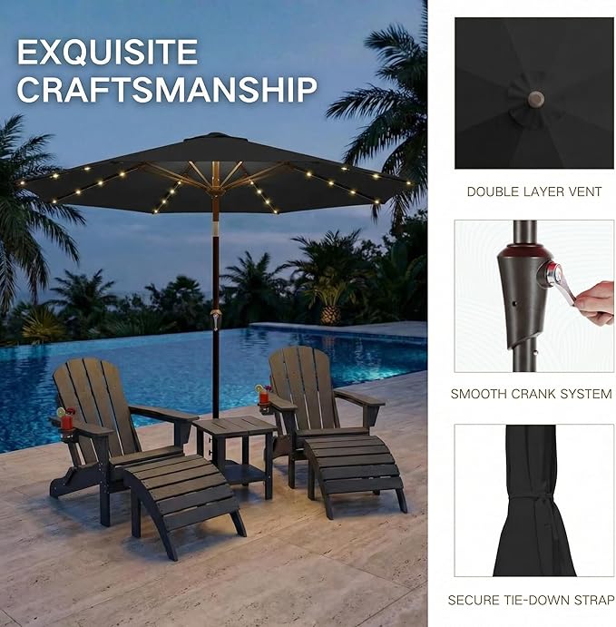 Kingdura 9FT Outdoor Patio Umbrella with Solar Lights, Market Table Umbrella with Push Button Tilt & Crank, 8 Sturdy Ribs, 32 LED Lights, UV Protection for Garden Lawn Deck Backyard Pool (Black)
