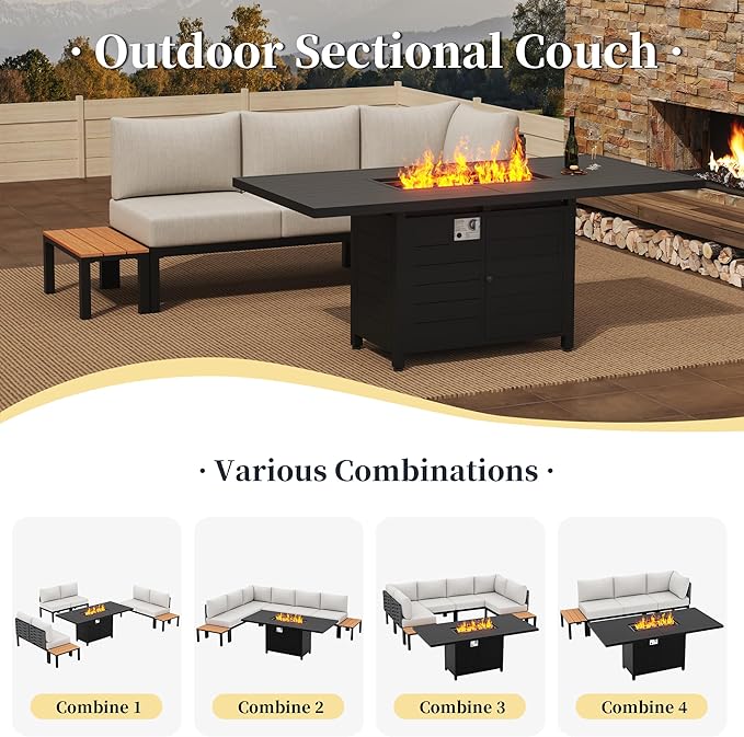 PIZZELLO 5 Piece Patio Furniture Set with 62" Fire Pit Table Outdoor Sectional Sofa Set with Coffee Table, Patio Conversation Set, Beige (6" Thickened Cushions Included)