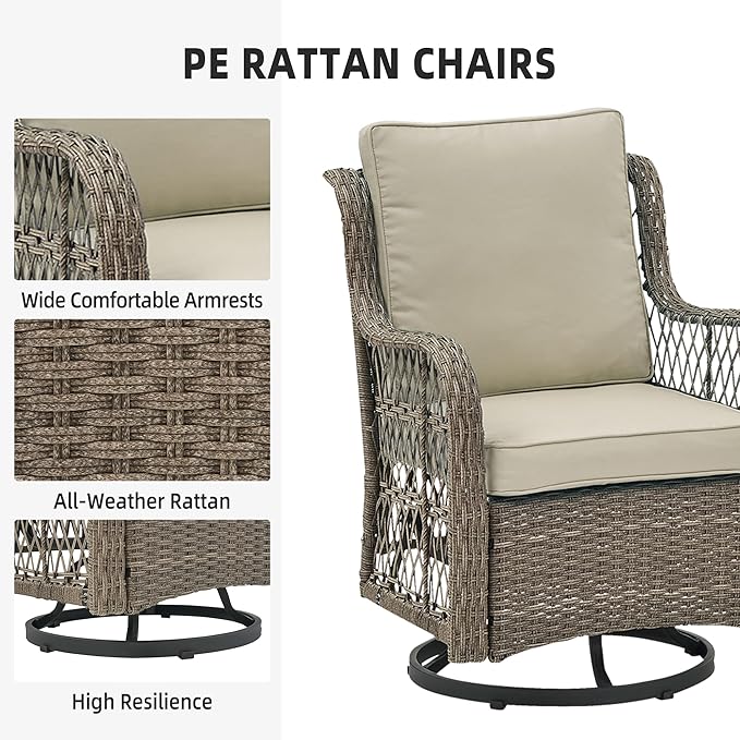 GarveeHome 3 Piece Outdoor Patio Set, Wicker Rocking Bistro Set with 2 Swivel Chairs & Tempered Glass Top Table, Rattan Outdoor Furniture with Cushions for Patio Porch Backyard