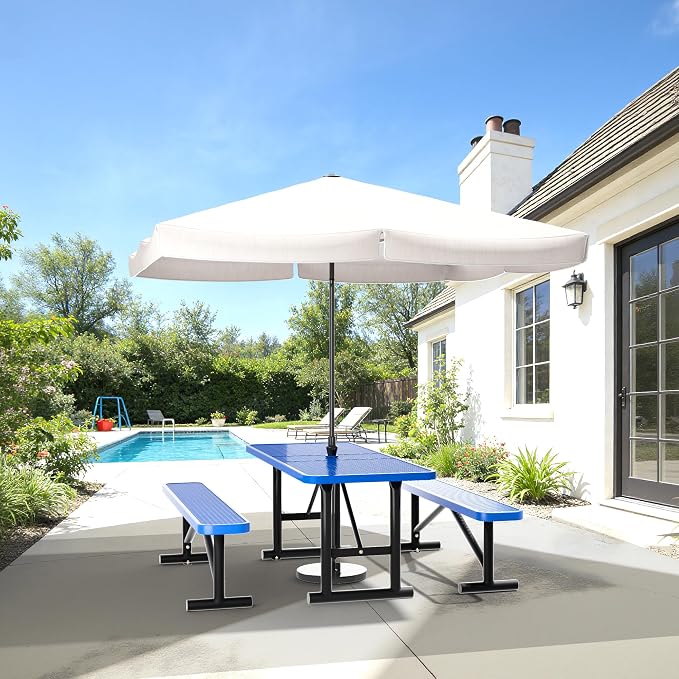 6FT Metal Picnic Tables for Outdoors, Commercial Rectangular Picnic Table for Outside, Park, Campfield, Patio, Garden, Yard, Thermoplastic Coating, Surface Mounted, Blue